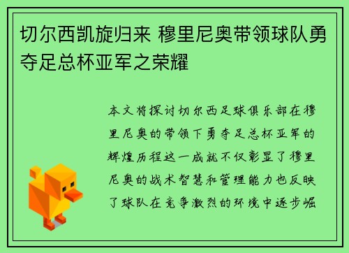 切尔西凯旋归来 穆里尼奥带领球队勇夺足总杯亚军之荣耀