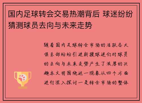 国内足球转会交易热潮背后 球迷纷纷猜测球员去向与未来走势