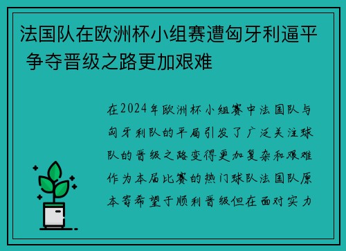 法国队在欧洲杯小组赛遭匈牙利逼平 争夺晋级之路更加艰难