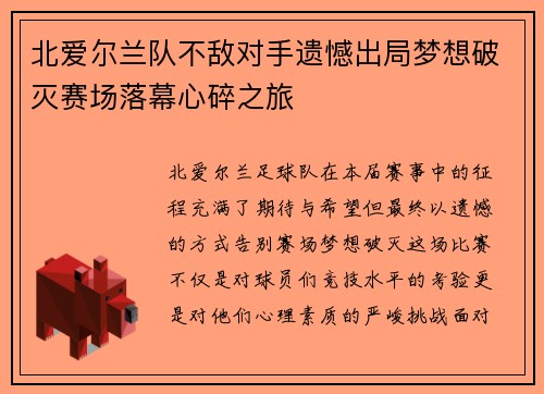 北爱尔兰队不敌对手遗憾出局梦想破灭赛场落幕心碎之旅