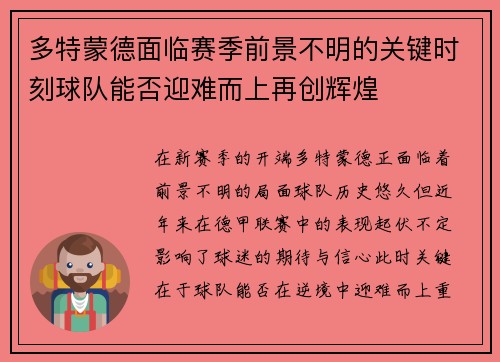 多特蒙德面临赛季前景不明的关键时刻球队能否迎难而上再创辉煌