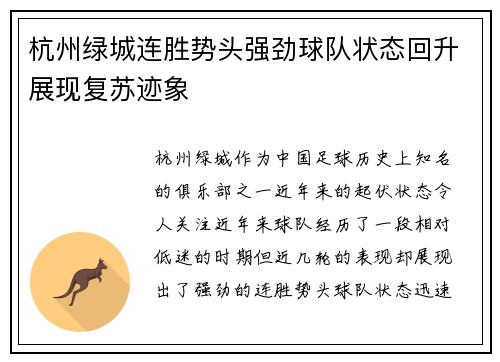 杭州绿城连胜势头强劲球队状态回升展现复苏迹象