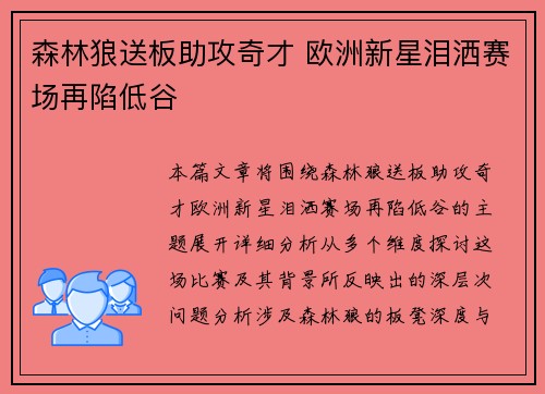 森林狼送板助攻奇才 欧洲新星泪洒赛场再陷低谷
