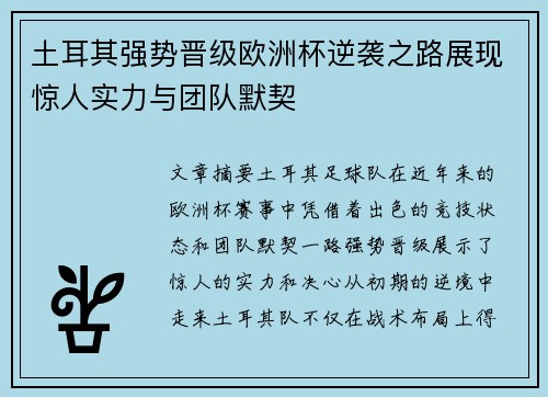 土耳其强势晋级欧洲杯逆袭之路展现惊人实力与团队默契