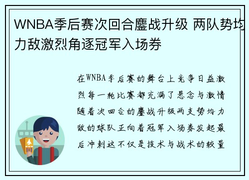 WNBA季后赛次回合鏖战升级 两队势均力敌激烈角逐冠军入场券