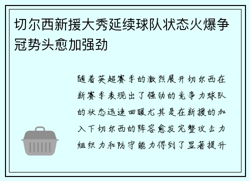 切尔西新援大秀延续球队状态火爆争冠势头愈加强劲