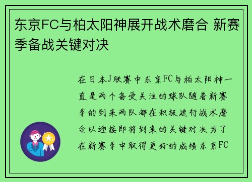 东京FC与柏太阳神展开战术磨合 新赛季备战关键对决
