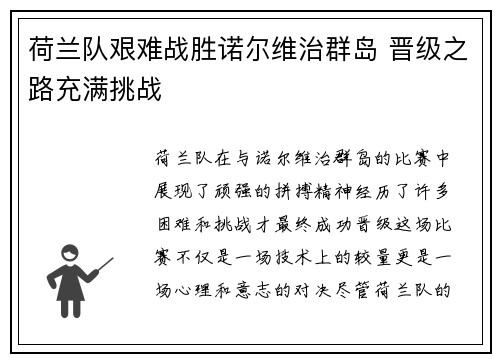 荷兰队艰难战胜诺尔维治群岛 晋级之路充满挑战