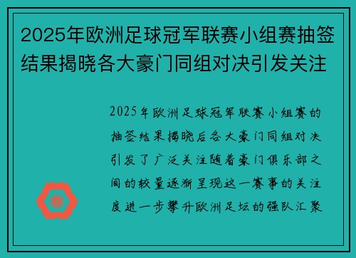 2025年欧洲足球冠军联赛小组赛抽签结果揭晓各大豪门同组对决引发关注