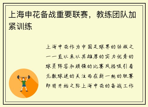 上海申花备战重要联赛，教练团队加紧训练