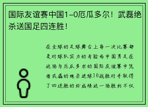 国际友谊赛中国1-0厄瓜多尔！武磊绝杀送国足四连胜！