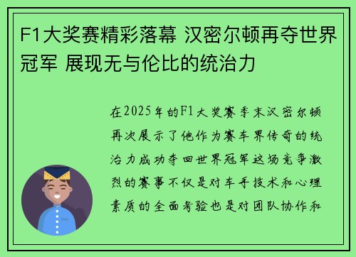 F1大奖赛精彩落幕 汉密尔顿再夺世界冠军 展现无与伦比的统治力