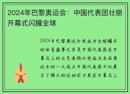 2024年巴黎奥运会：中国代表团壮丽开幕式闪耀全球