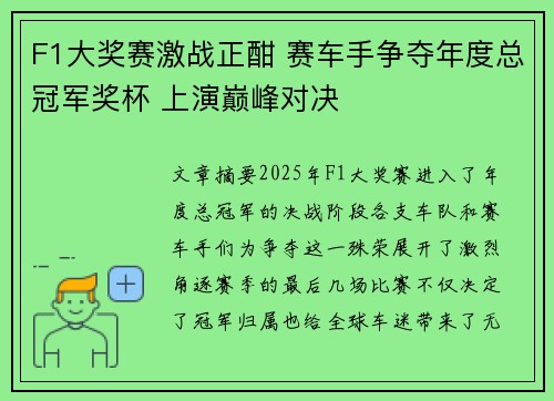 F1大奖赛激战正酣 赛车手争夺年度总冠军奖杯 上演巅峰对决