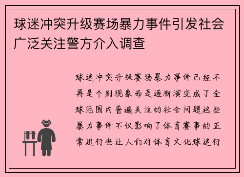 球迷冲突升级赛场暴力事件引发社会广泛关注警方介入调查